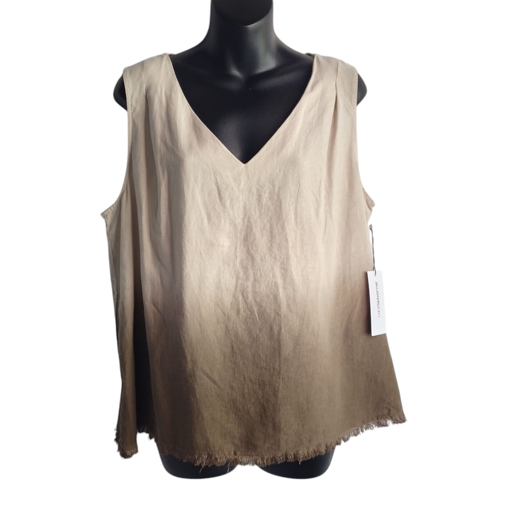 Liz Claiborne Blouse Women's Tan Brown Tie-dye V-Neck Sleeveless Linen Sz L NWT